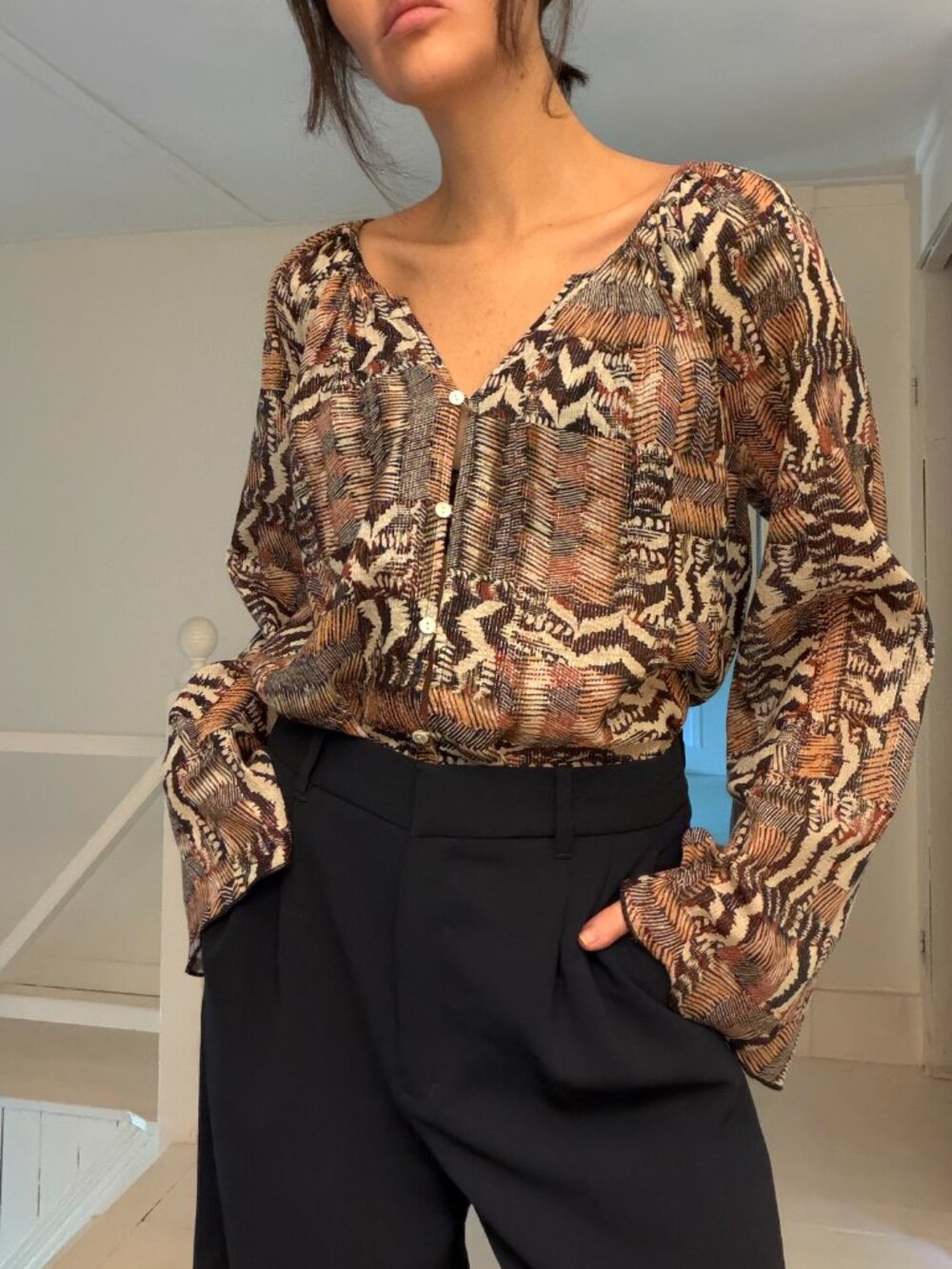 Amuse Society Shadow Printed Button Front Blouse Multicolor Size S Retail $54